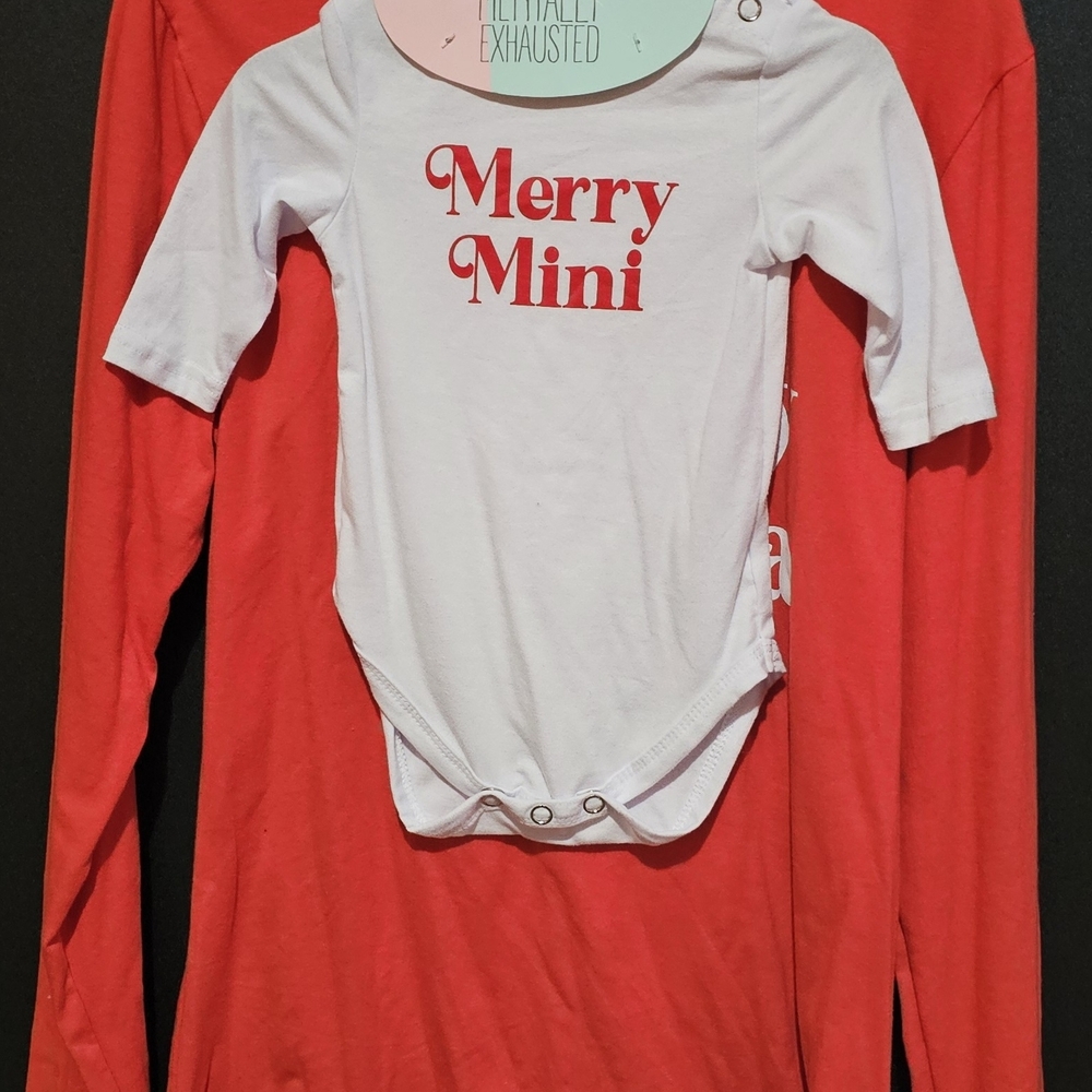 Merry Mini Kids Shirt 0-3 Months With Matching Mom Tee Size Small- Red and White